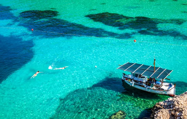 Picture sea, water, stones, stay, shore, boat, Spain, Ibiza