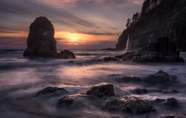 Picture sea, wave, the sun, clouds, trees, sunset, stones, the ocean