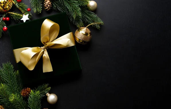 Balls, the dark background, Christmas, New year, bow, needles, Christmas decorations