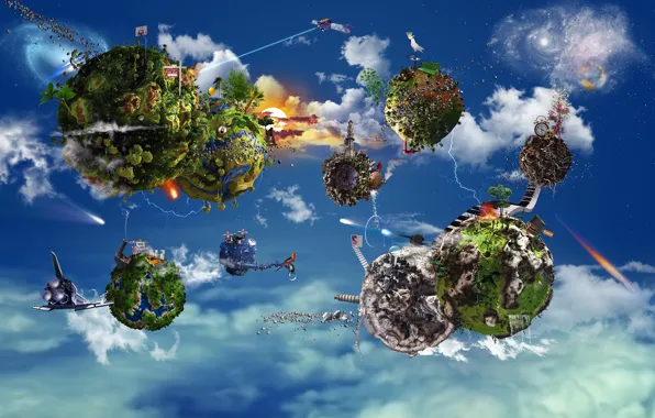 The sky, planet, ships