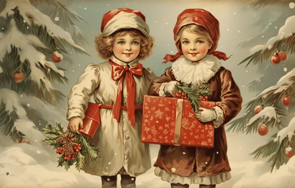 Winter, snow, children, retro, Christmas, gifts, New year, vintage