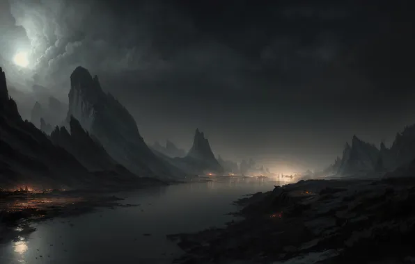 Moon, river, sky, landscape, art, sunrise, fantastic, planet
