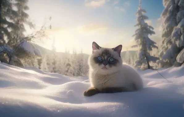 Winter, frost, field, forest, cat, the sky, cat, clouds