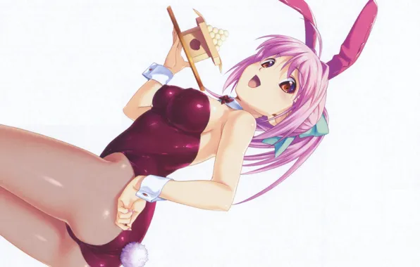 Picture swimsuit, ears, ponytail, tray, pink hair, tropical kiss, visual novel, Bunny Playboy