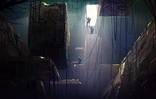 Picture people, the descent, art, cube, ruins, ropes, the cable, opening