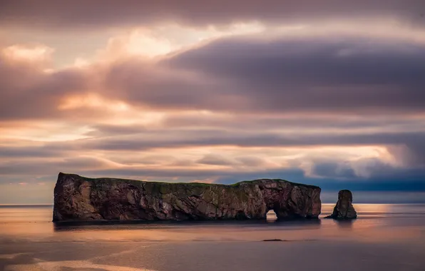 Beach, sunrise, the ocean, rocks, morning, Canada, arch, QC