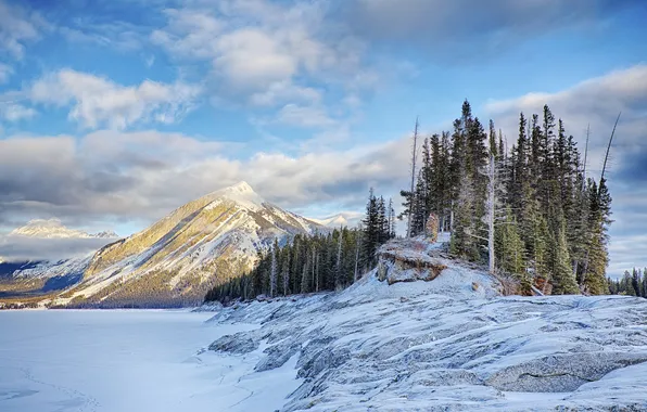 Ice, winter, the sky, snow, trees, mountains, lake, rocks