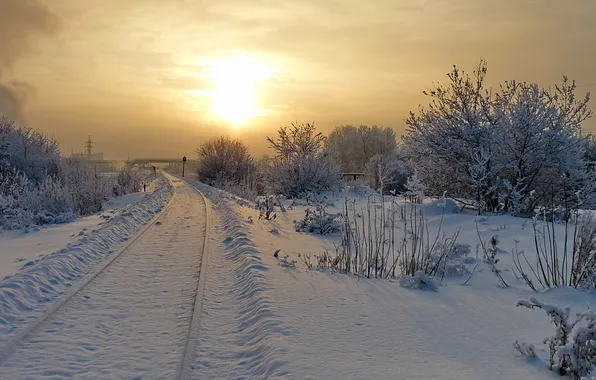 Winter, light, landscape, morning, railroad