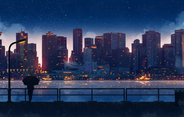 Picture river, skyscrapers, the fence, promenade, the light in the Windows, wonare, silhouette of a girl, …