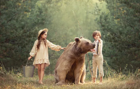 Boy, bear, girl