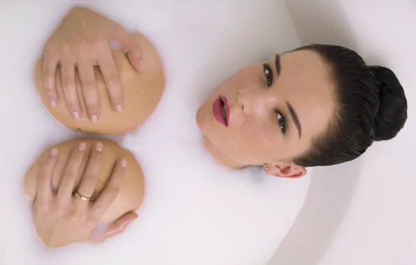 Chest, look, girl, hands, milk, brunette, beauty, bath