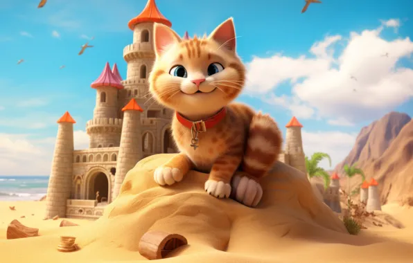 Sand, sea, cat, cat, look, clouds, mountains, birds