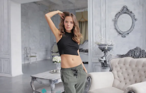 Model, Black Top, Katya Clover, Lounge, Looking At Camera, Woman Indoors