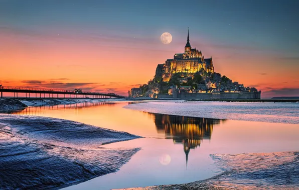France, The SKY, The MOON, REFLECTION, BRIDGE, ISLAND, Mont Saint-Michel, France Mont Saint-Michel