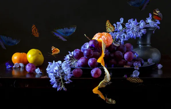 Flowers, grapes, fruit, black background, still life, tangerines