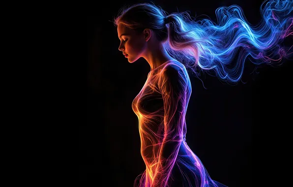 Picture light, lines, female, silhouette, profile, neon
