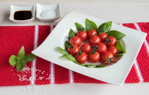 Vegetables, tomatoes, salt, Basil