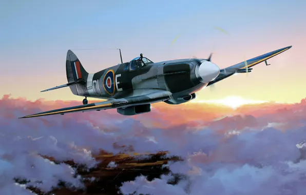 Picture art, airplane, Spitfire, aviation, ww2