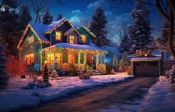 Winter, snow, decoration, night, lights, house, tree, colorful