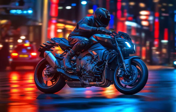 Night, city, the city, colorful, motorcycle, driver, motorcycle, city lights