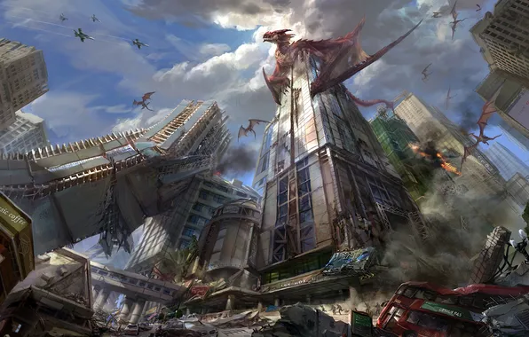 Picture the city, dragons, aircraft, ruins, Art
