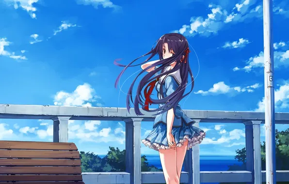 The sky, look, clouds, bench, Girl, post
