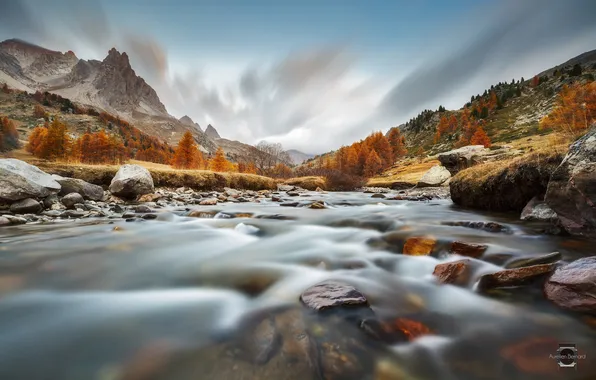 Autumn, mountains, river, stones, Alps, threads