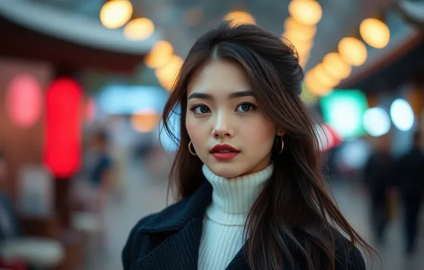 Picture look, girl, face, portrait, makeup, Asian, AI art, neural network