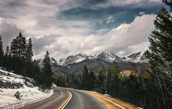 Winter, road, mountains