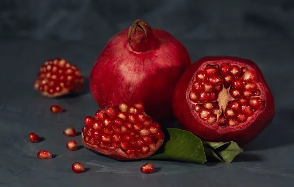 Leaves, fruit, grey background, grenades, garnet, pomegranate grains