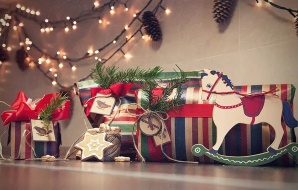 New year, gifts, garland, horse