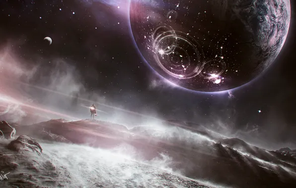 Mountains, stars, man, planets, obsidian skies