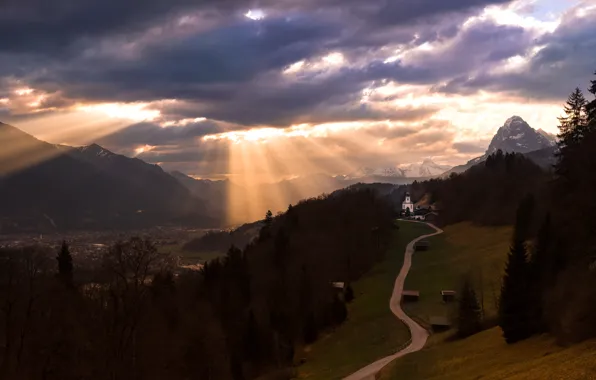 Autumn, forest, the sky, clouds, rays, trees, landscape, mountains