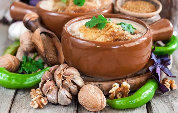 Meat, pepper, nuts, pots, spices, garlic, Basil, Georgian cuisine