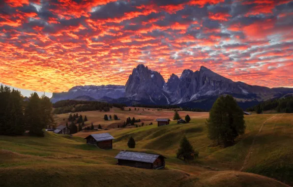 Landscape, sunset, mountains, nature, home, village, Alps, Italy
