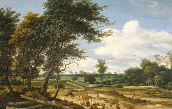 Tree, oil, picture, Solomon van Ruisdael, Landscape with Shepherd and Cattle