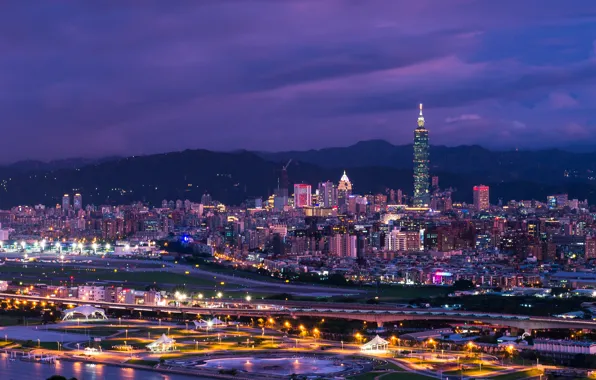 Night, the city, lights, home, skyscrapers, Taipei