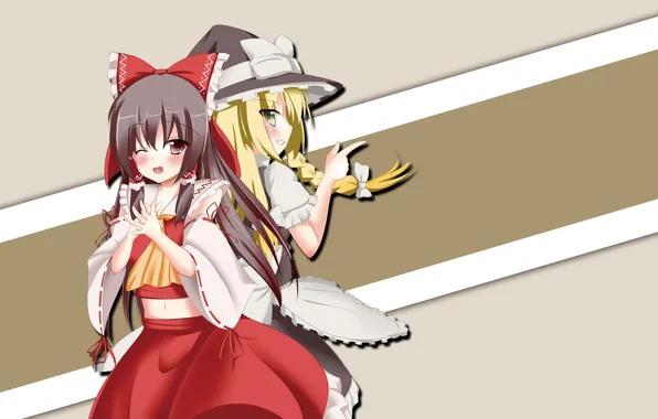 Bow, priestess, wink, pigtail, back to back, witch hat, Hakurei Reimu, Touhou Project