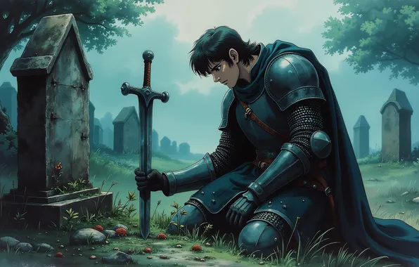 Sword, anime, cemetery, knight, grave