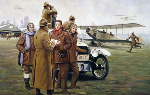 Picture figure, New York, art, hangar, car, the airfield, mechanics, pilots
