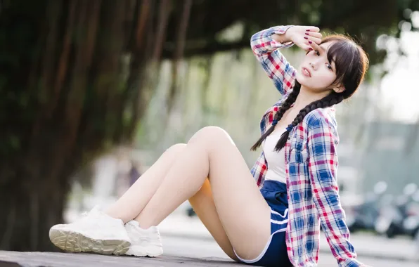 Picture Asian, gesture, braids, manicure, asian, manicure, cute girl, plaid shirt