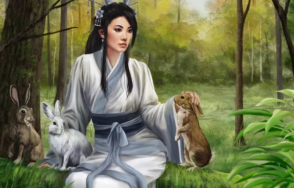 Forest, girl, hare, art, beast, Asian, Natalie Becker