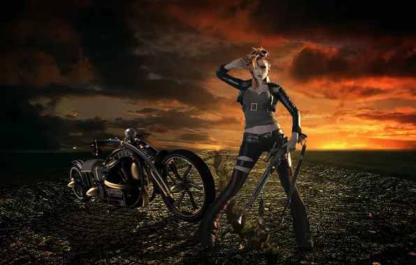 Picture girl, weapons, motorcycle