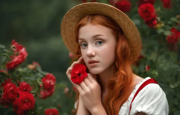 Picture summer, look, girl, flowers, red, nature, face, pose