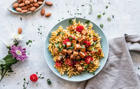 Meat, nuts, tomatoes, almonds, pasta
