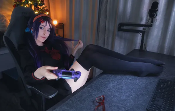 Girl, table, the game, chair, joystick, cosplay, mita, gamer