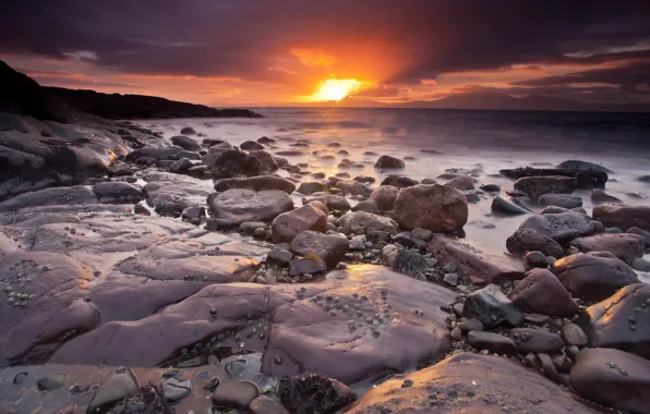 Sea, sunset, stones, shore