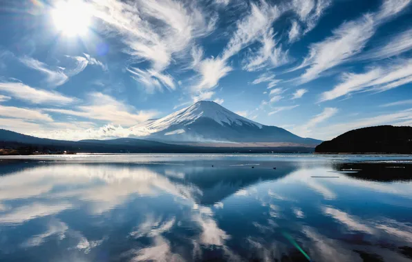 Sky, trees, landscape, nature, Sun, clouds, lake, hills