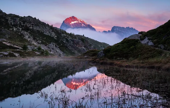 The sky, clouds, algae, landscape, mountains, nature, fog, lake