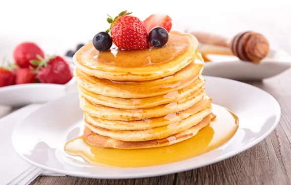 Berries, blueberries, strawberry, honey, mint, pancakes